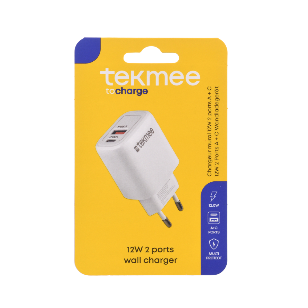 TEKMEE WALL CHARGER - 12W USB & USB-C