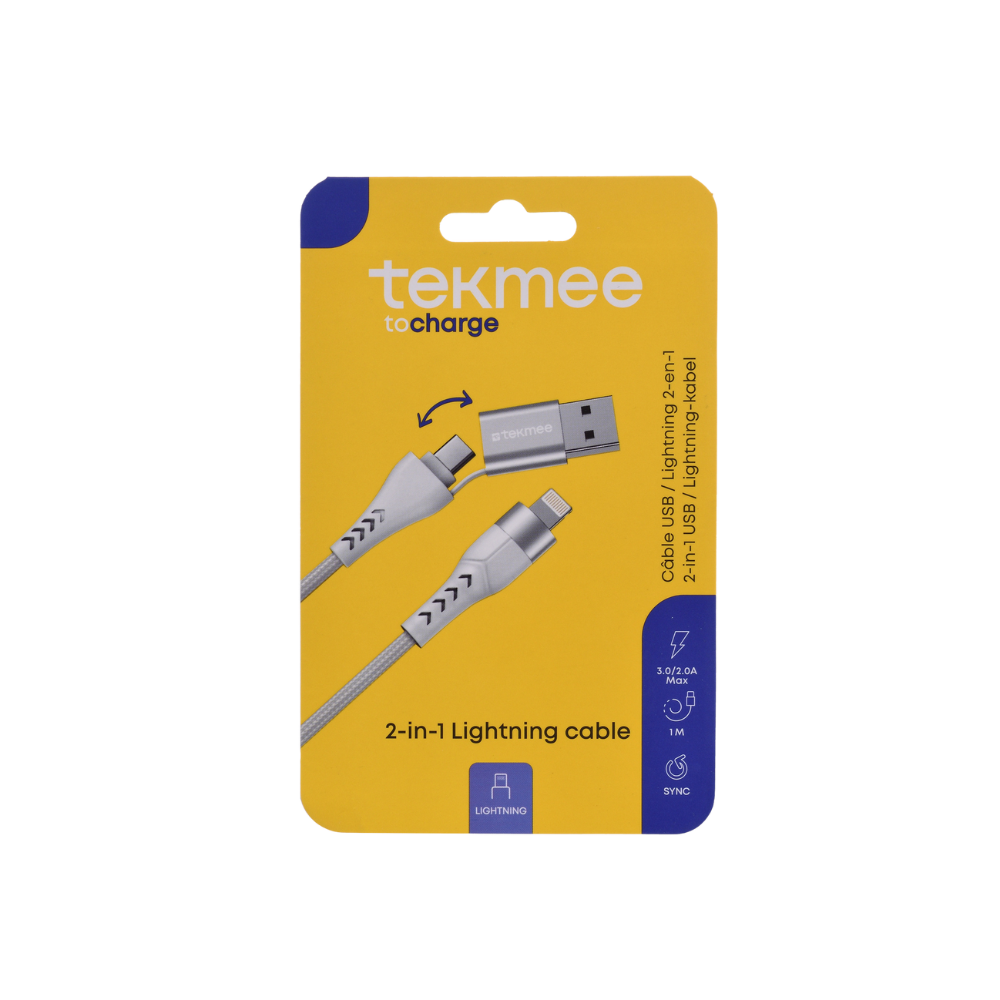 TEKMEE 2-in-1 USB-A /-C - Aufladekabel Weiß - 1 Mtr. - 2.0/3.0A - Max 27W