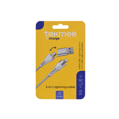 TEKMEE 2-in-1 USB-A /-C - Aufladekabel Weiß - 1 Mtr. - 2.0/3.0A - Max 27W