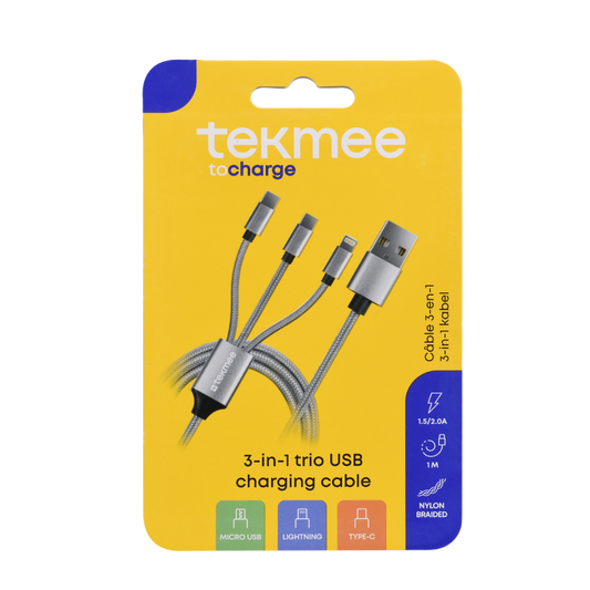 TEKMEE AUFLADEKABEL - 3in1 / USB Auladekabel  - 1.5/2.0A - 1 Mtr.