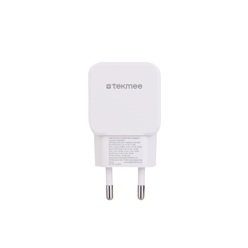 TEKMEE - WALL CHARGER 2-Ports - 20W USB + USB-C