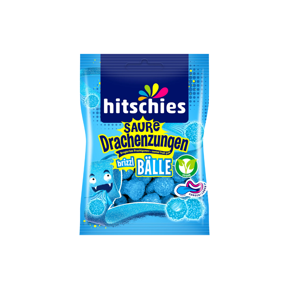 HITSCHIES - Saure Drachenzungen  brizzle Bälle Blau 100g (5 Stk.) - MHD:02/2028